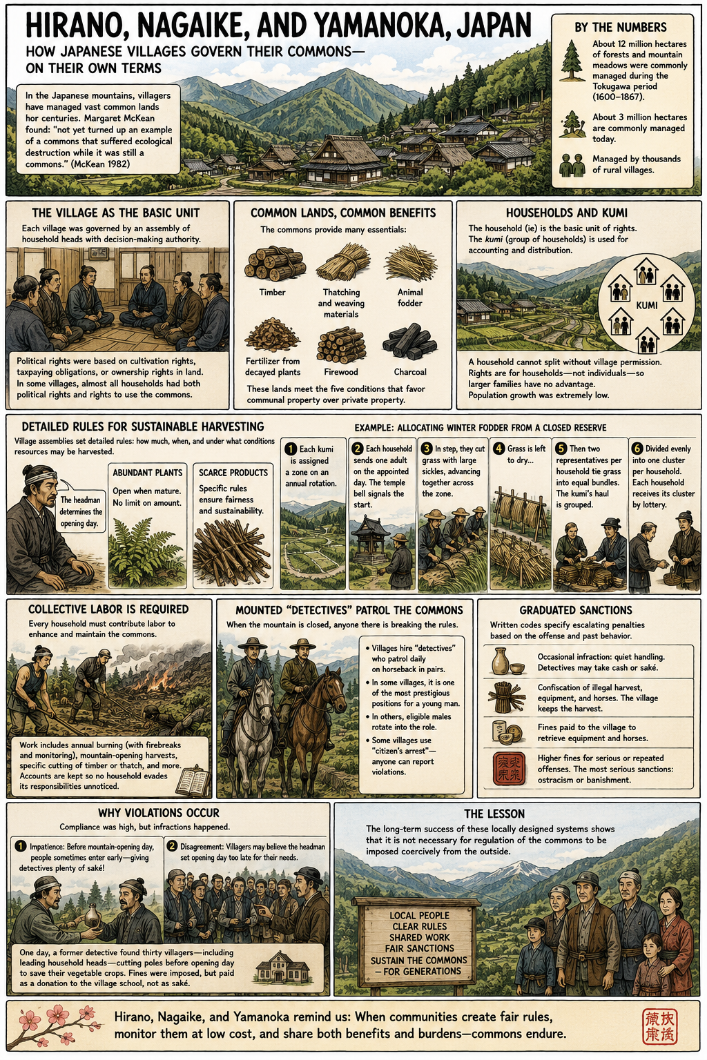 An illustrated case study of how the villages of Hirano, Nagaike, and Yamanoka in Japan governed forests and mountain commons through household rights, collective labor, monitoring, and graduated sanctions.