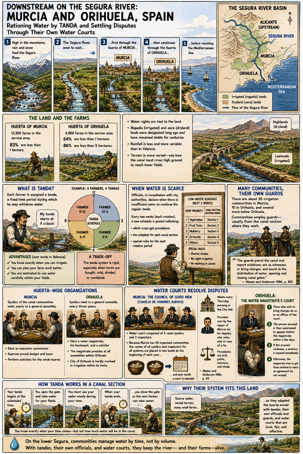 An illustrated case study of how Murcia and Orihuela, Spain, ration water through tandas and resolve disputes through local water courts.