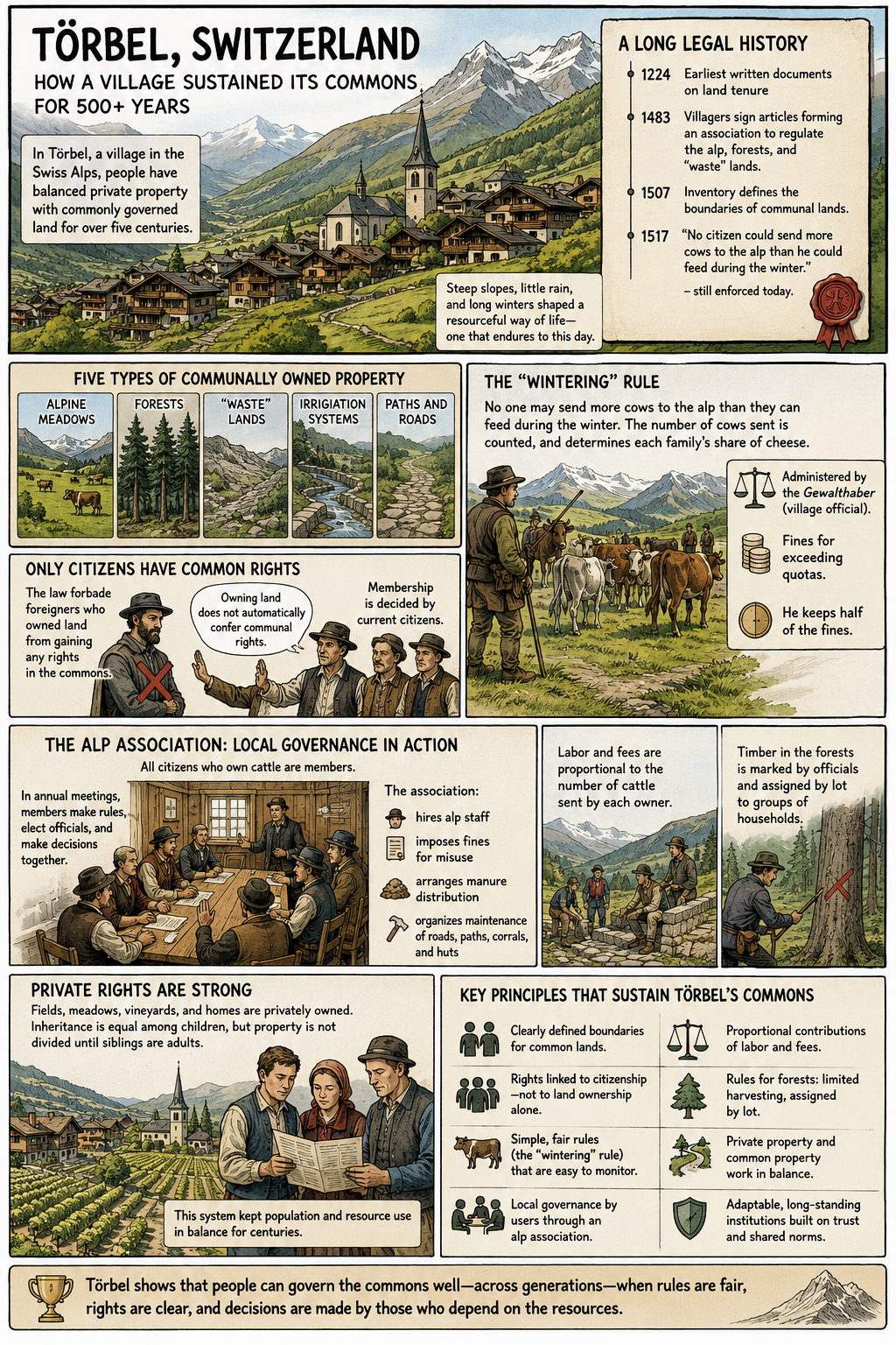An illustrated case study of how Törbel, Switzerland, has governed alpine meadows, forests, irrigation systems, paths, and roads as commons for more than 500 years.